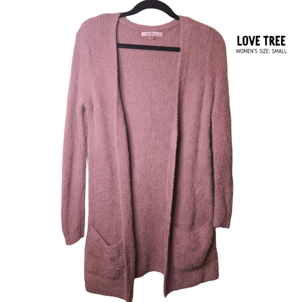 Love Tree, Womens Small, Eyelash Rib-knit, Open, Long Sweater Duster Mauve Pink